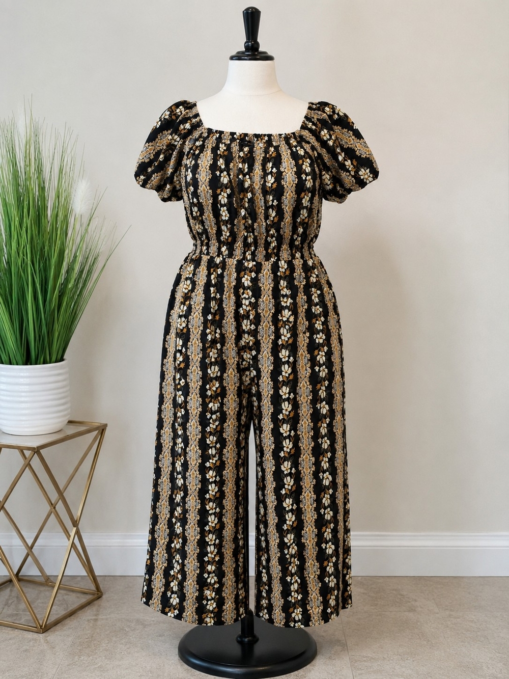 Love by Chesley 3X Black Gold Floral Wide Leg Jumpsuit Puff Sleeve Boho Maxi